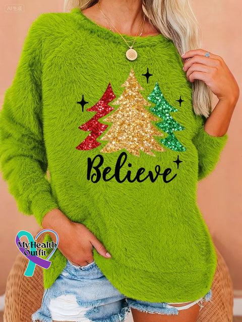 Women’s Christmas Green Plush Art T-shirt As shown / S