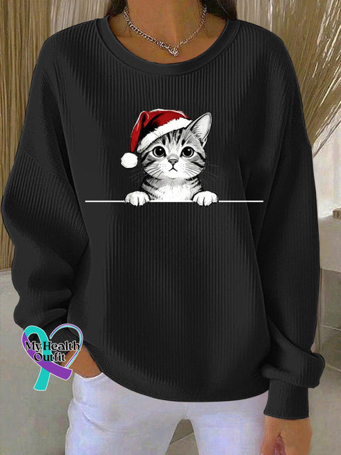Women’s Christmas Hat Cat Ribbed Round-Neck Sweatshirt Black / S
