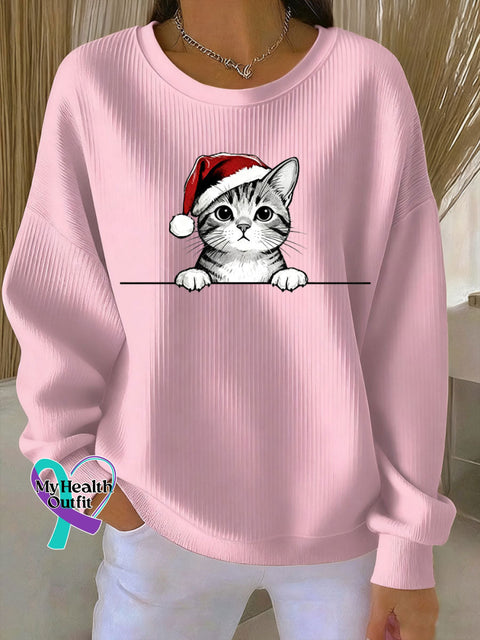 Women’s Christmas Hat Cat Ribbed Round-Neck Sweatshirt Pink / S