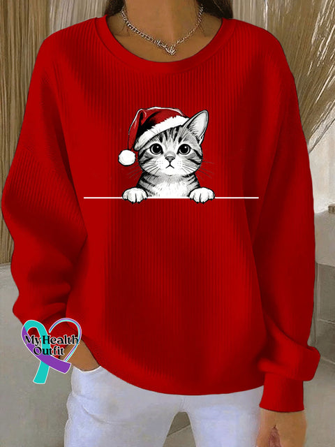 Women’s Christmas Hat Cat Ribbed Round-Neck Sweatshirt Red / S