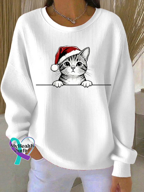 Women’s Christmas Hat Cat Ribbed Round-Neck Sweatshirt White / S