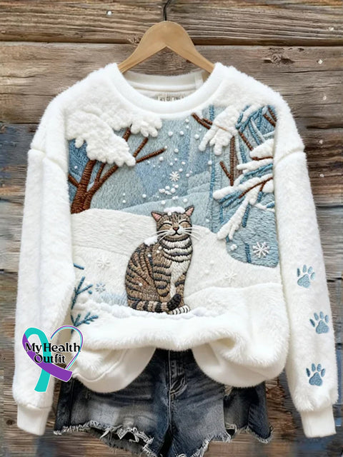 Women’s Christmas Lovely Cat In Snowy Forest Cozy Print Casual Plush Sweatshirt White / S