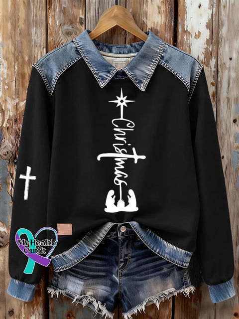 Women’s Christmas Nativity Print Denim Sweatshirt Picture 2 / S