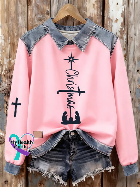 Women’s Christmas Nativity Print Denim Sweatshirt Picture 3 / S