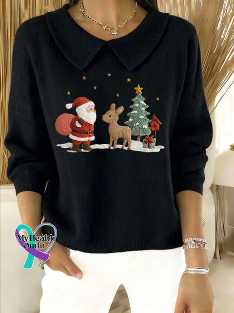 Women’s Christmas Pattern Art Casual Peter Pan Collar 3/4 Sleeve Sweater Black / S