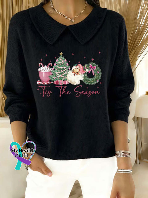 Women’s Christmas Pattern Art Casual Peter Pan Collar 3/4 Sleeve Sweater Black / S