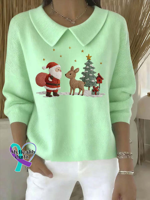 Women’s Christmas Pattern Art Casual Peter Pan Collar 3/4 Sleeve Sweater Green / S