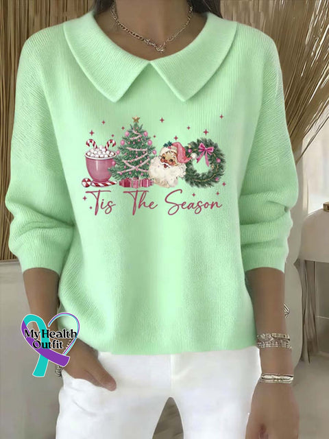Women’s Christmas Pattern Art Casual Peter Pan Collar 3/4 Sleeve Sweater Green / S