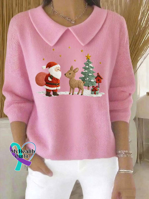 Women’s Christmas Pattern Art Casual Peter Pan Collar 3/4 Sleeve Sweater Pink / S