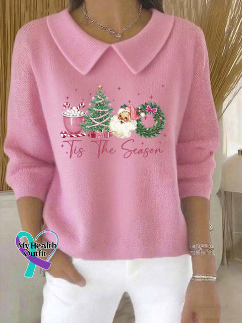 Women’s Christmas Pattern Art Casual Peter Pan Collar 3/4 Sleeve Sweater Pink / S