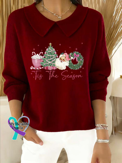 Women’s Christmas Pattern Art Casual Peter Pan Collar 3/4 Sleeve Sweater Red / S