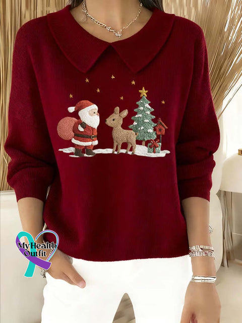 Women’s Christmas Pattern Art Casual Peter Pan Collar 3/4 Sleeve Sweater Red / S