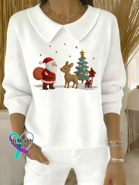 Women’s Christmas Pattern Art Casual Peter Pan Collar 3/4 Sleeve Sweater White / S