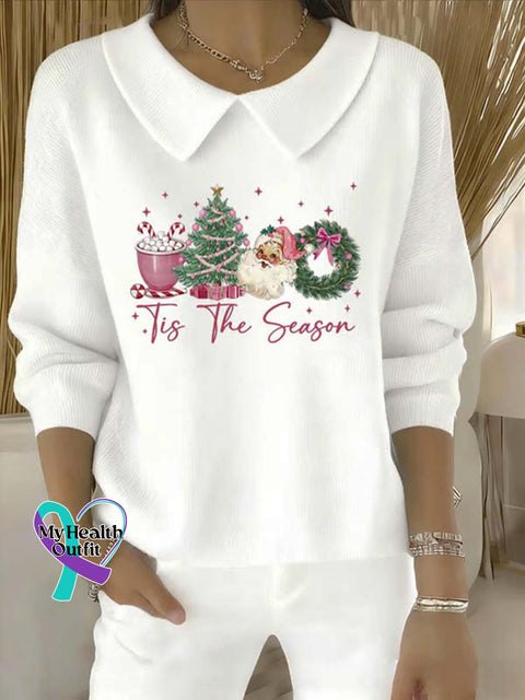 Women’s Christmas Pattern Art Casual Peter Pan Collar 3/4 Sleeve Sweater White / S
