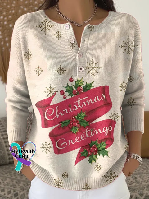 Women’s Christmas Pattern Art Print Buttoned Cardigan Sweater Apricot / S