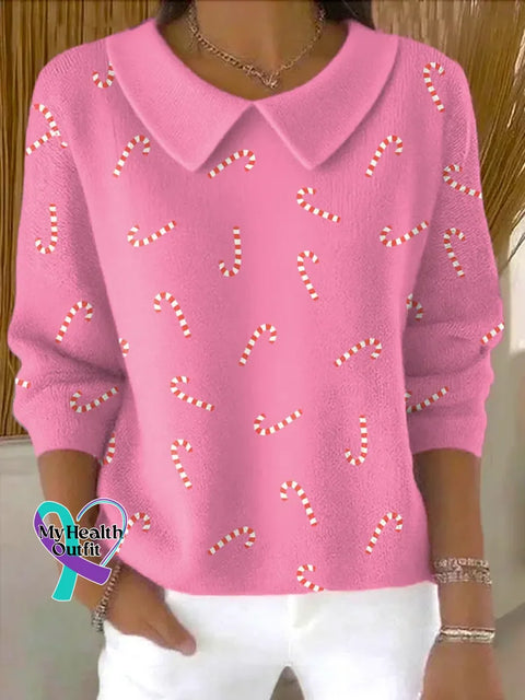 Women’s Christmas Pattern Art Print Casual Cotton Sweater Pink / S