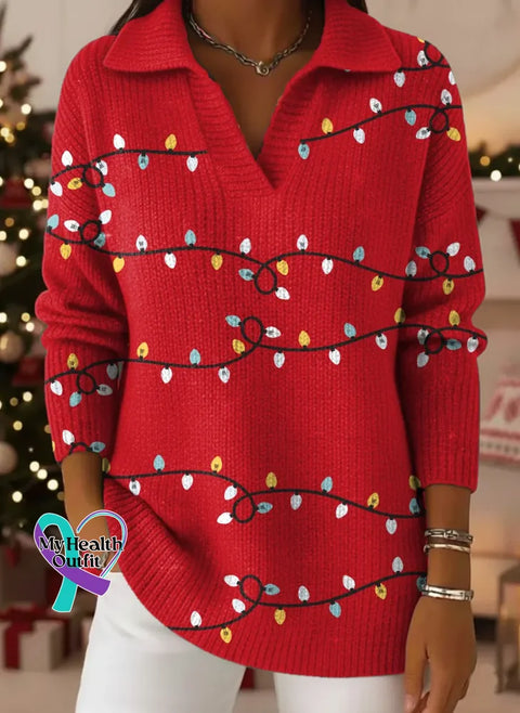 Women’s Christmas Pattern Art Print Casual Cotton Sweater Red / S