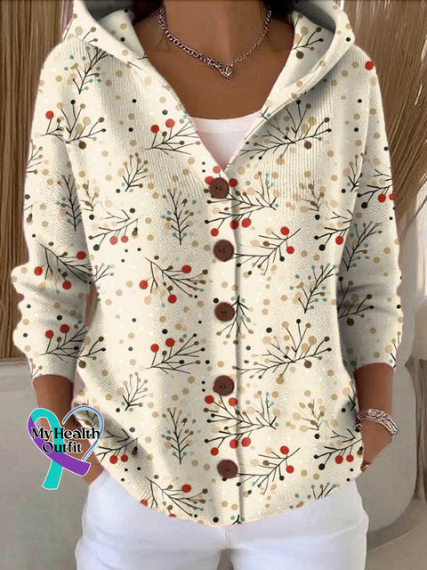 Women’s Christmas Pattern Art Printed Casual Hooded Button Sweater Multicolor / S