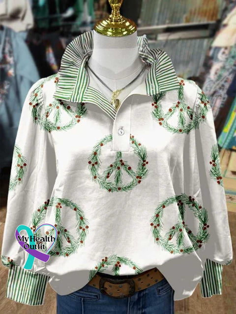 Women’s Christmas Peace Sign Print Casual Long Sleeve Comfortable Top Multicolor / S
