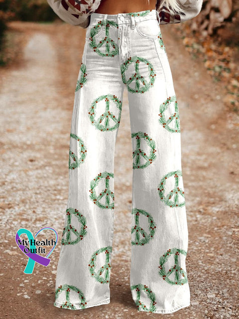 Women’s Christmas Peace Sign Print Casual Wide Leg Pants Multicolor / Xs