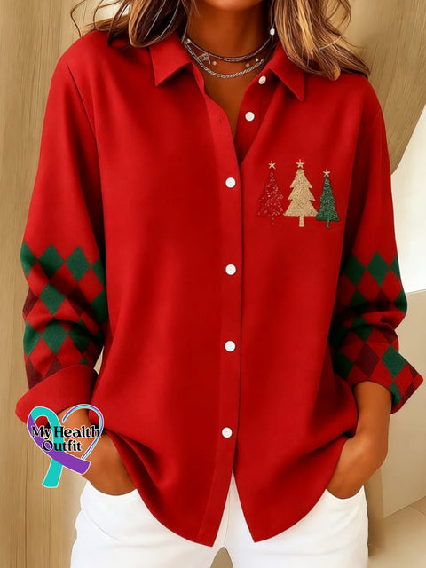 Women’s Christmas Print Casual Lapel Shirt As shown / S