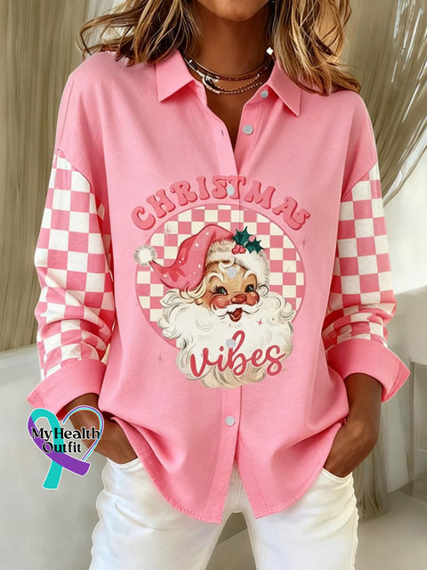 Women’s Christmas Print Casual Linen Shirt Pink / S