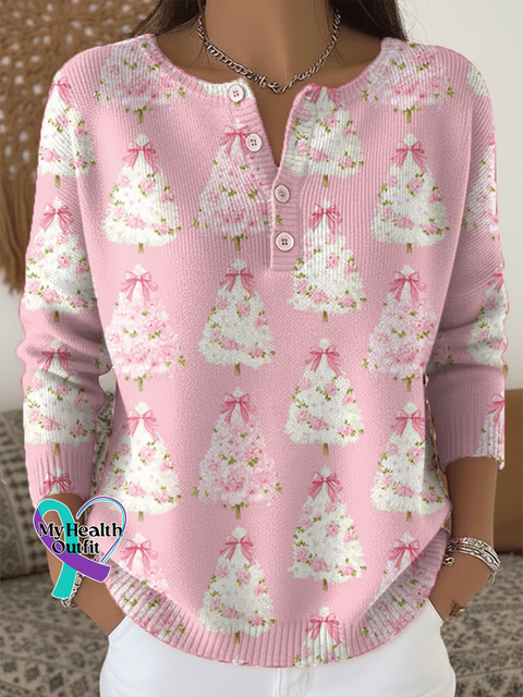 Women’s Christmas Print Knit Button Top As shown / S