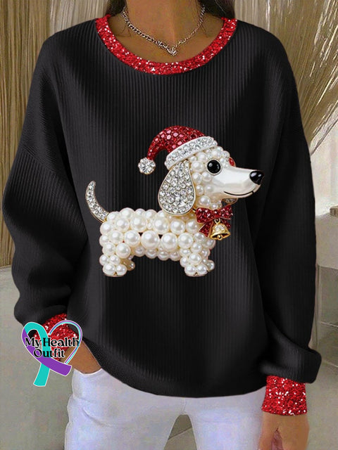 Women’s Christmas Print Knit Crew Neck Long Sleeve Top Black / S