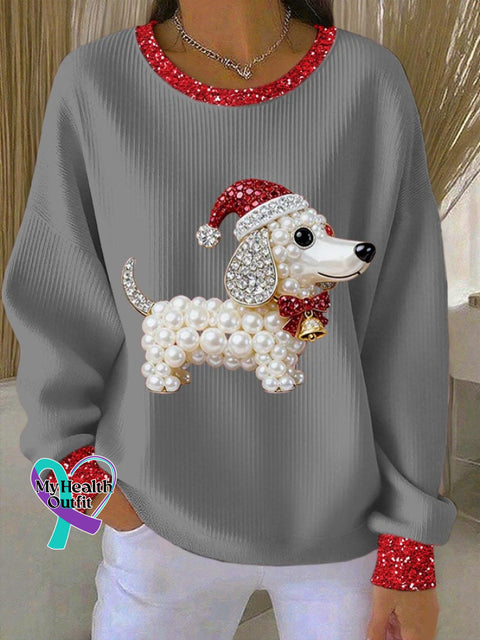 Women’s Christmas Print Knit Crew Neck Long Sleeve Top Grey / S