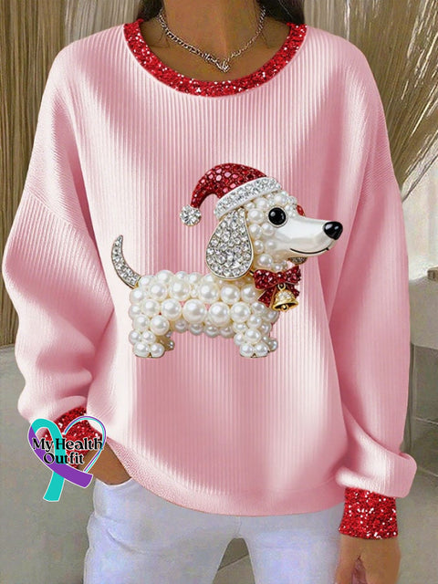 Women’s Christmas Print Knit Crew Neck Long Sleeve Top Pink / S