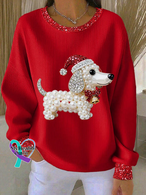 Women’s Christmas Print Knit Crew Neck Long Sleeve Top Red / S