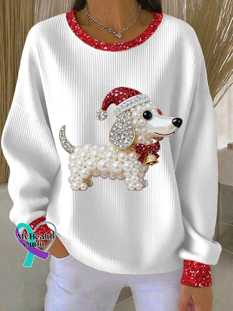 Women’s Christmas Print Knit Crew Neck Long Sleeve Top White / S