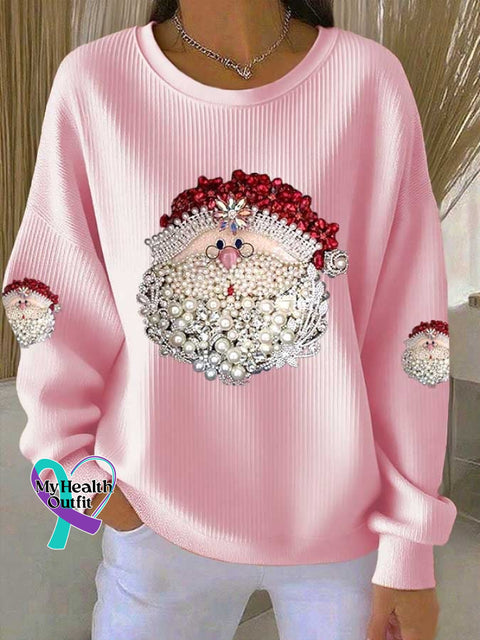 Women’s Christmas Print Knitted Crew Neck Long Sleeve Top Pink / S