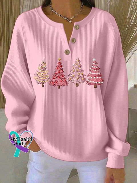Women’s Christmas Print Knitted Crew Neck Long Sleeve Top Pink / S