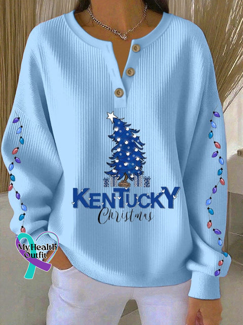 Women’s Christmas Print Knitted Crew Neck Long Sleeve Top Sky Blue / S