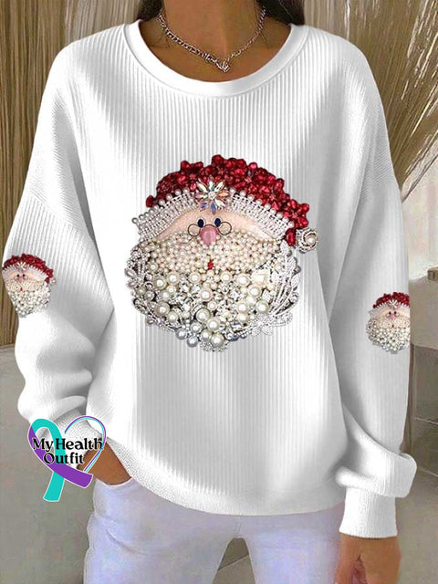 Women’s Christmas Print Knitted Crew Neck Long Sleeve Top White / S