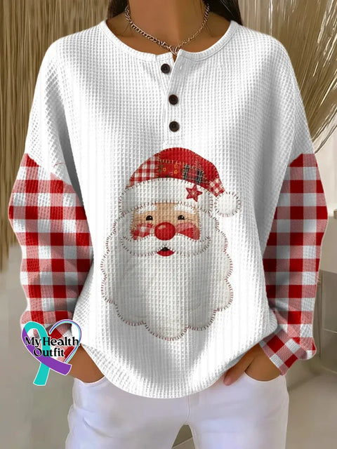 Women’s Christmas Santa Art Print Casual Waffle Sweatshirt White / S