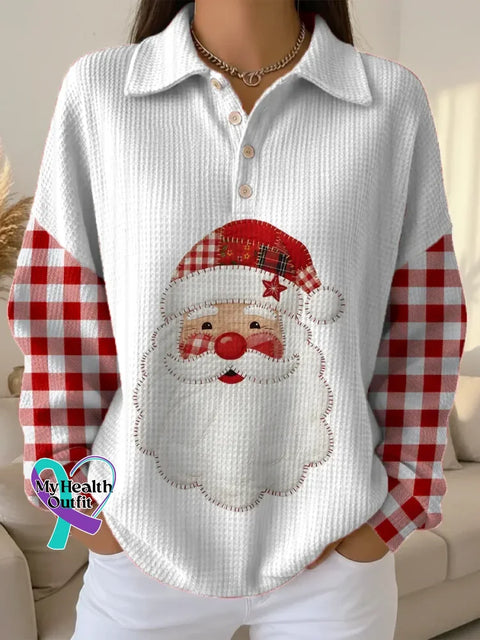 Women’s Christmas Santa Pattern Art Print Casual Cotton Sweatshirt White / S