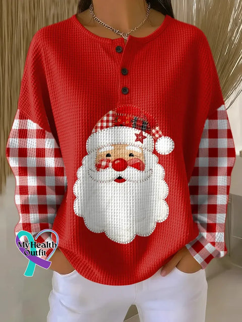 Women’s Christmas Santa Art Print Casual Waffle Sweatshirt Red / S