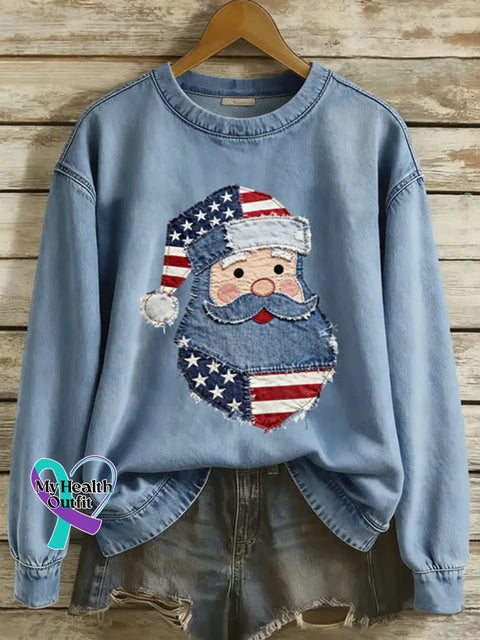 Women’s Christmas Santa Pattern Art Print Casual Cotton Sweatshirt Blue / S