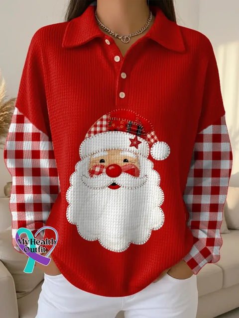 Women’s Christmas Santa Pattern Art Print Casual Cotton Sweatshirt Red / S