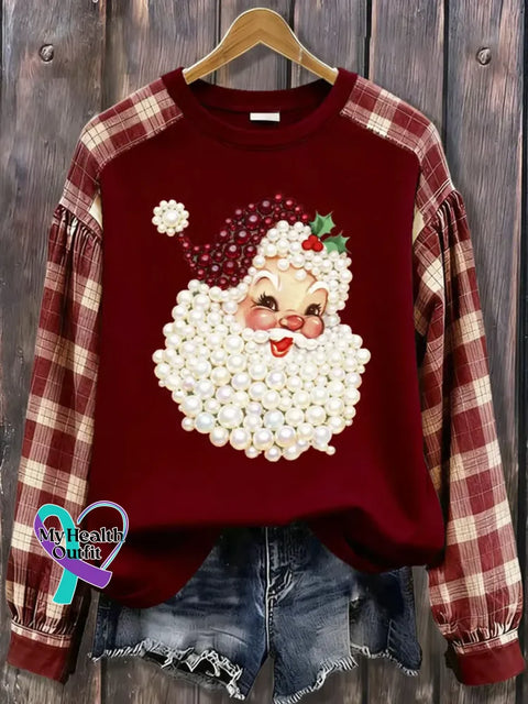 Women’s Christmas Santa Pattern Art Print Casual Cotton Sweatshirt Red / S