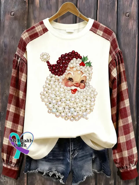 Women’s Christmas Santa Pattern Art Print Casual Cotton Sweatshirt White / S