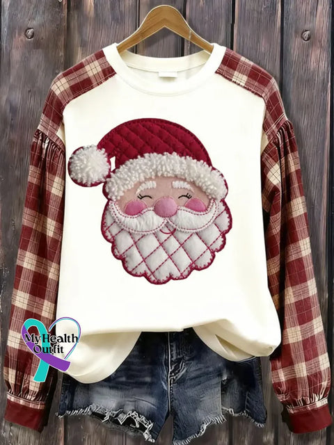 Women’s Christmas Santa Pattern Art Print Casual Cotton Sweatshirt White / S