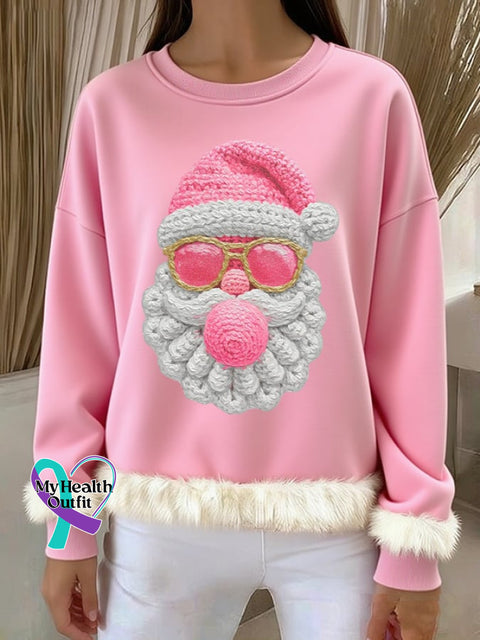 Women’s Christmas Santa Print Round Neck Sweatshirt Pink / S