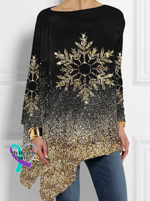 Women’s Christmas Snowflake Print Irregular Top Gold / S