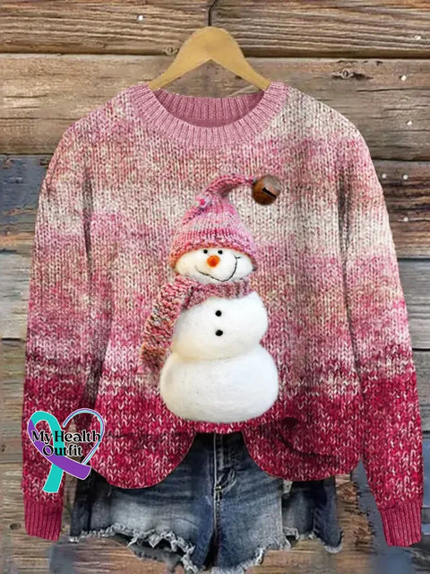 Women’s Christmas Snowman Pattern Art Print Casual Cotton Sweater Pink / S