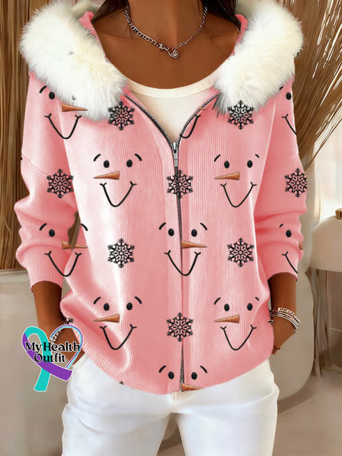 Women’s Christmas Snowman Print Fur Collar Zipper Casual Hooded Sweatshirt Pink / S