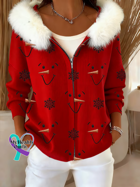 Women’s Christmas Snowman Print Fur Collar Zipper Casual Hooded Sweatshirt Red / S