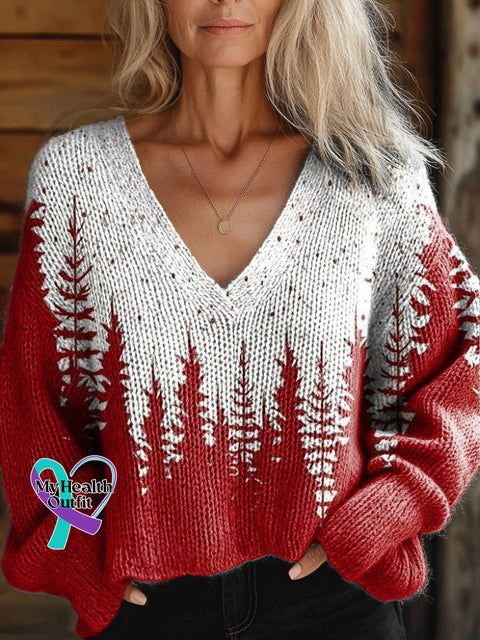 Women’s Christmas Tree Art Pattern Casual V-Neck Knit Sweater Multicolor / S